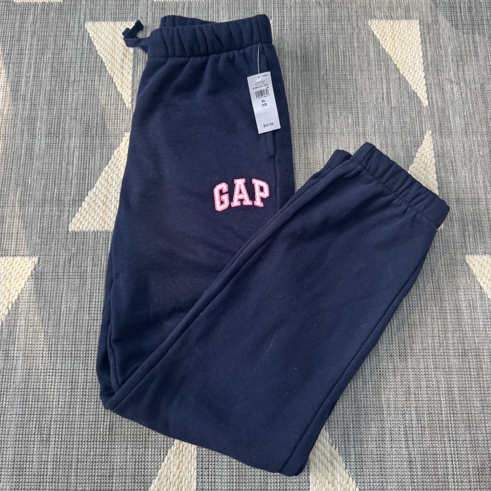 NWT GAP Kids Navy Blue Joggers with Pink Logo Girls Size XL (14/16)
